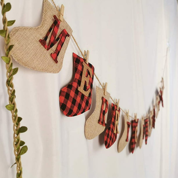 Christmas Banner and Stocking Set 4 Pcs Plaid Christmas Stockings for Fireplace Xmas Tree Home Holiday Party Decor Burlap Stocking Glove Shaped MERRY CHRISTMAS Letters Decoration